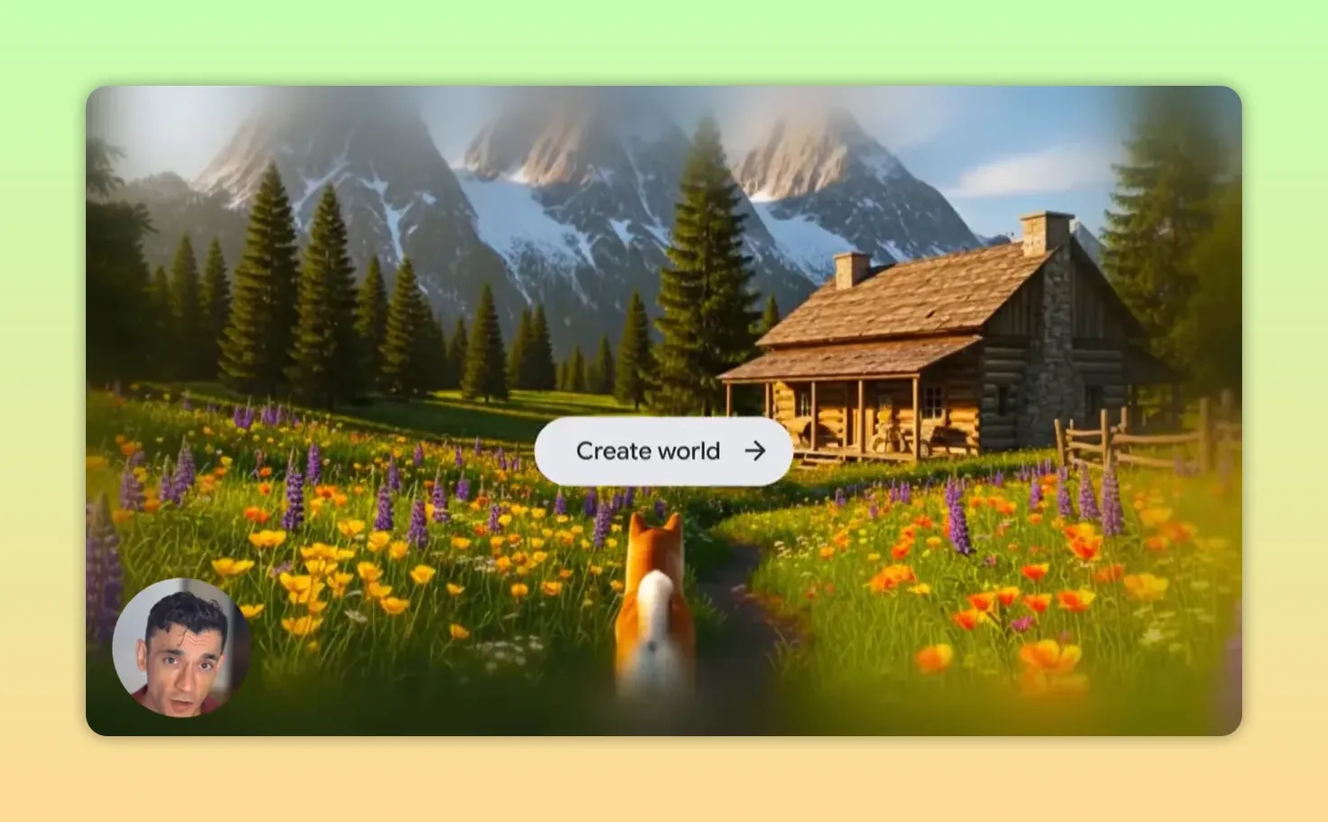 ภาพตัวอย่างโลกทุ่งดอกไม้หน้ากระท่อมบนภูเขาพร้อมปุ่ม create world