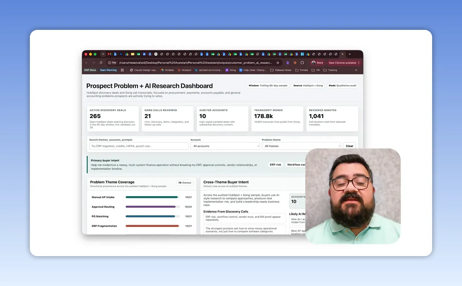 แดชบอร์ด Prospect Problem + AI Research แสดงข้อมูล HubSpot และ Gong พร้อมจำนวนดีล บทสนทนา และธีมปัญหาลูกค้า