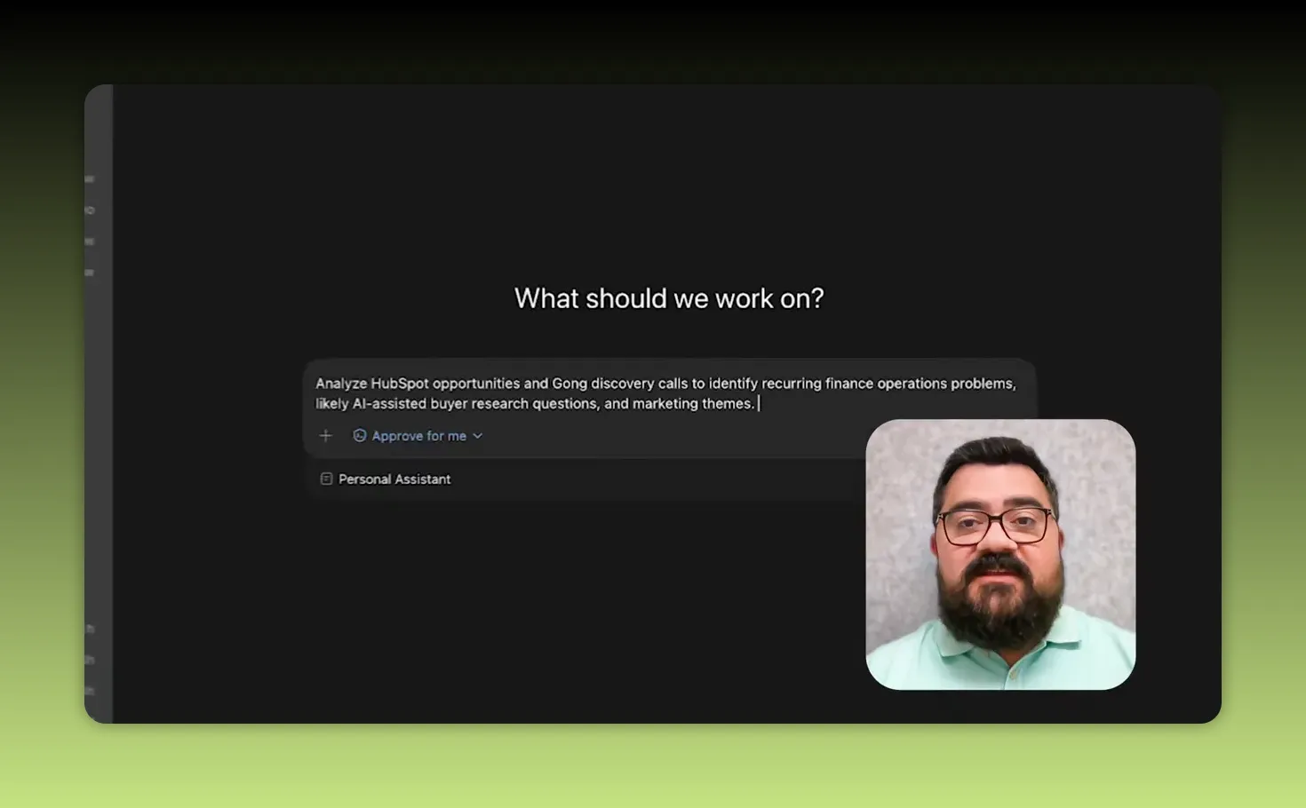 หน้าจอ ChatGPT Work สีเข้มมีข้อความ What should we work on และกล่องข้อความตัวอย่างงาน