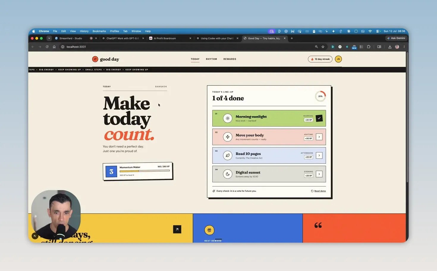 หน้าเว็บ habit tracker ที่มีหัวข้อ Make today count และรายการนิสัยพร้อมช่องติ๊ก