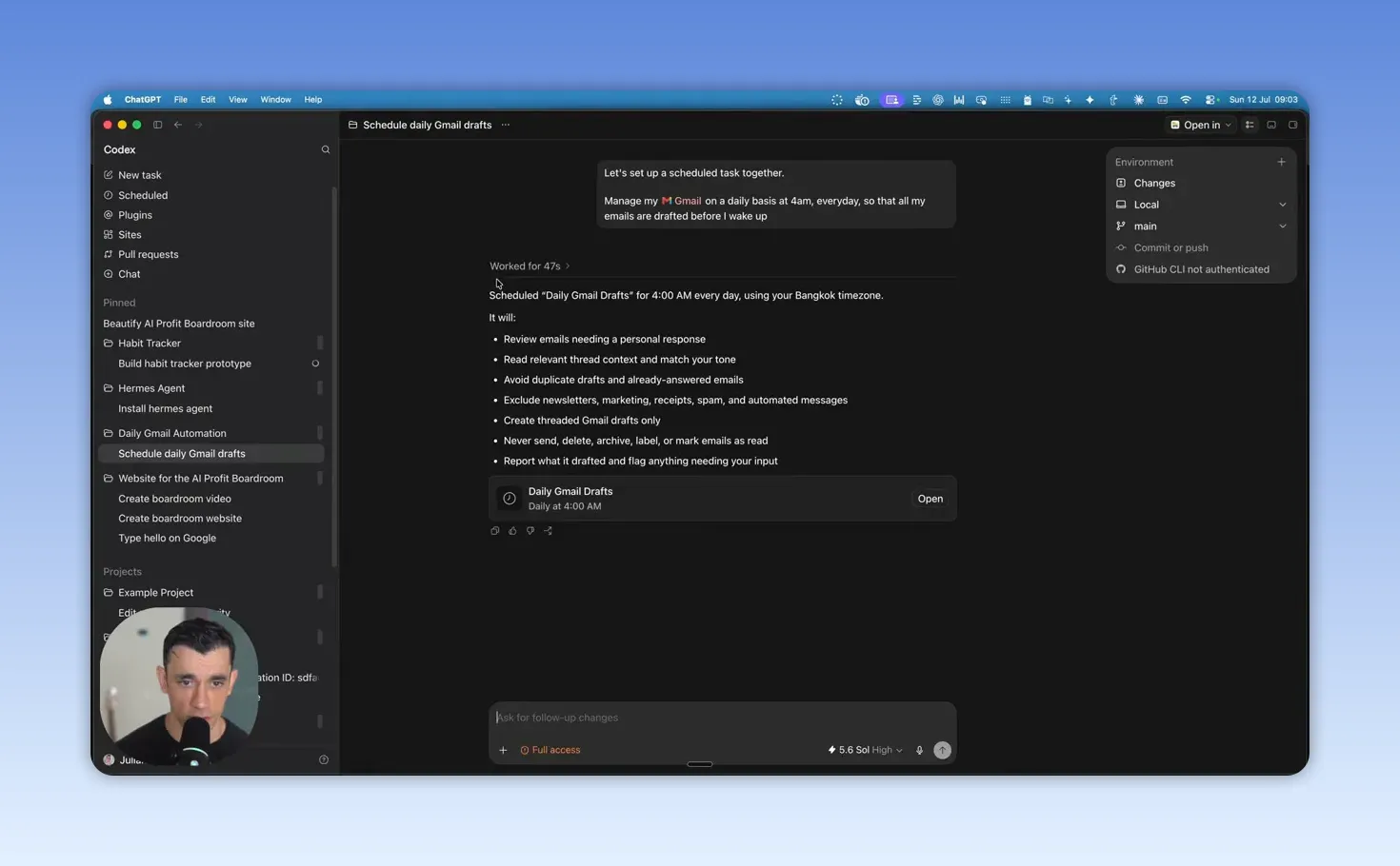 หน้าจอตั้ง scheduled task สำหรับ Gmail พร้อมรายละเอียดขั้นตอนการอ่านอีเมลและสร้าง draft