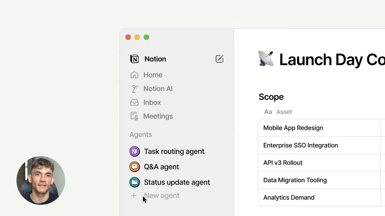 Notion interface sidebar showing an 'Agents' list (Task routing agent, Q&A agent, Status update agent) and a project page on the right