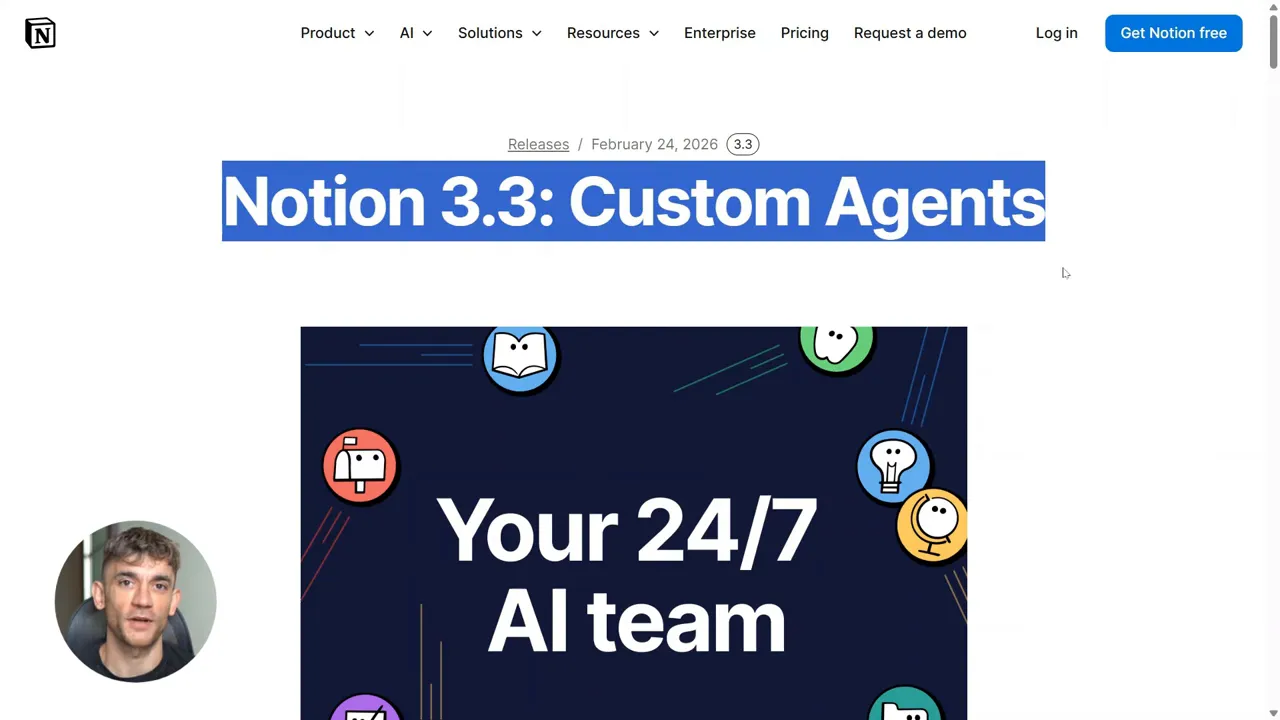 Notion release page showing 'Notion 3.3: Custom Agents' and hero image reading 'Your 24/7 AI team'