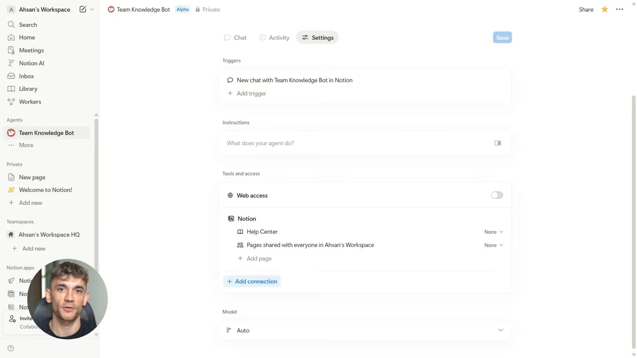 Notion Team Knowledge Bot settings showing triggers, Tools and access section and Add connection button