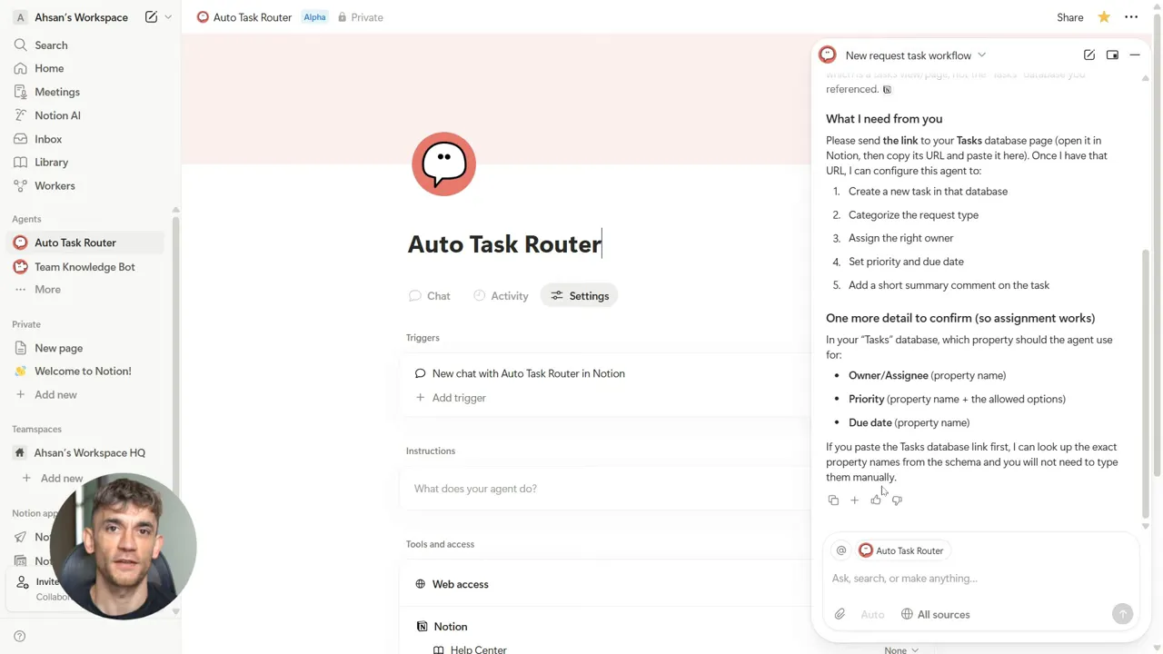 หน้าจอ Notion แสดงการตั้งค่า Auto Task Router พร้อมรายการคำสั่งและคำขอข้อมูล (ชัดและอ่านได้)
