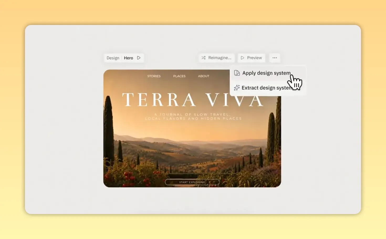 หน้าจอออกแบบที่แสดงเมนูใช้สีแบรนด์กับภาพเทมเพลต Terra Viva