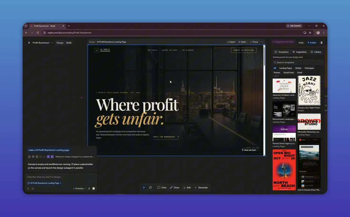 หน้าเว็บไซต์สีเข้มพร้อมหัวข้อ Where profit gets unfair ในหน้าจอ Replit Design