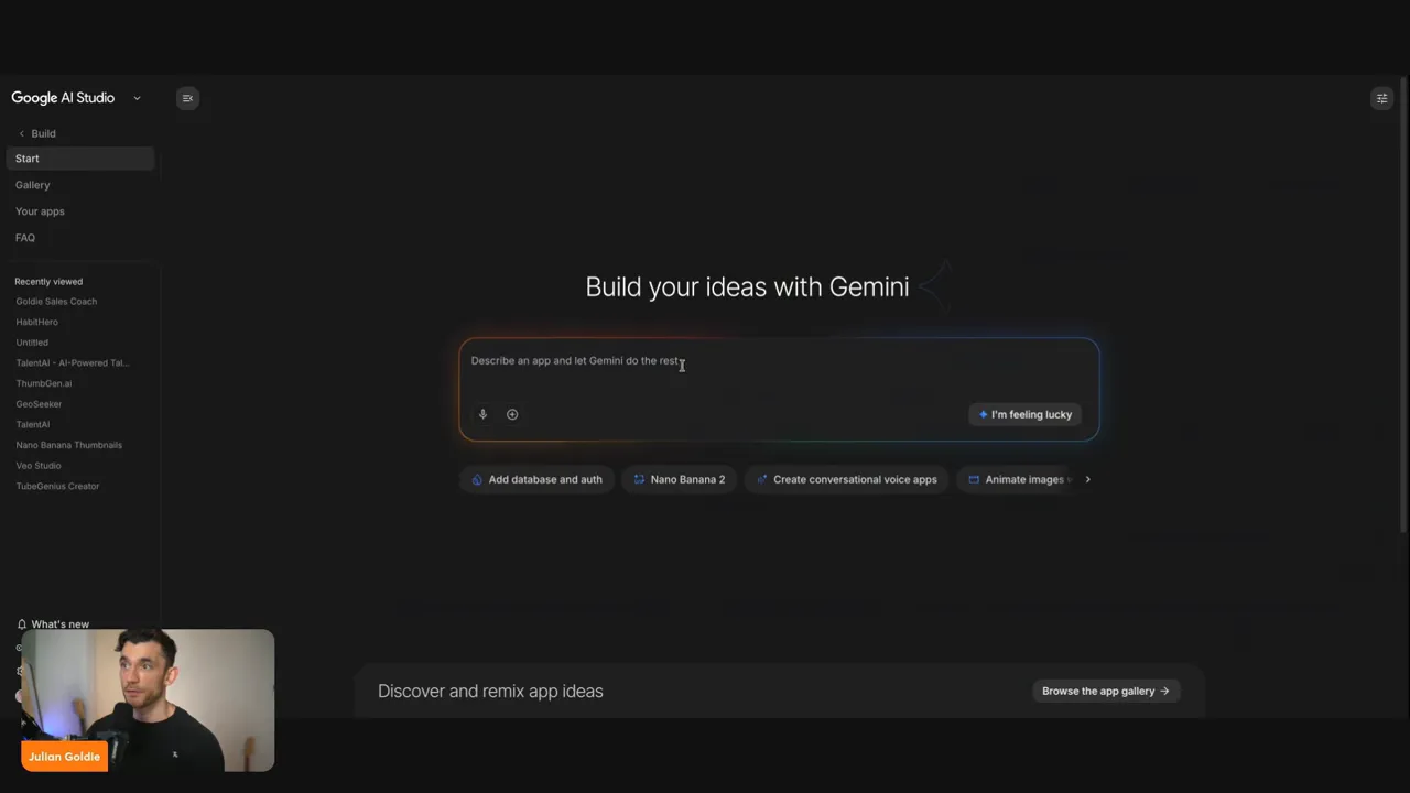สกรีนช็อตหน้าแรก Google AI Studio Build your ideas with Gemini พร้อมตัวเลือกเพิ่ม databaseและ auth