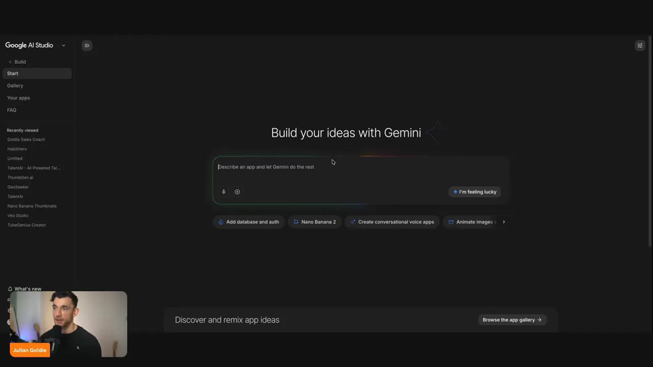 Google AI Studio โฮมสกรีน Build your ideas with Gemini พร้อมตัวเลือกเพิ่ม database and auth