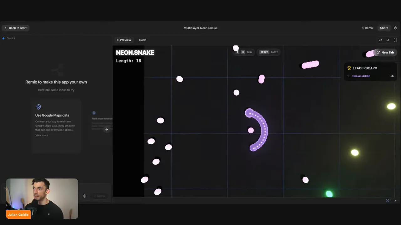 สกรีนช็อต Google AI Studio Multiplayer Neon Snake แสดงงูเรืองแสงและ Leaderboard ชัดเจน