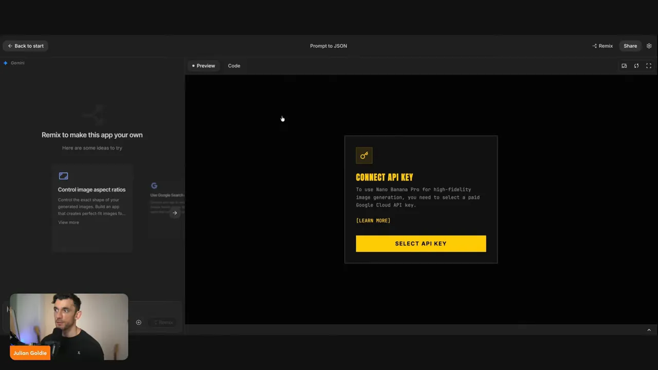 สกรีนช็อต Google AI Studio Prompt to JSON แสดงขั้นตอน Connect API key เพื่อใช้งานอย่างปลอดภัย