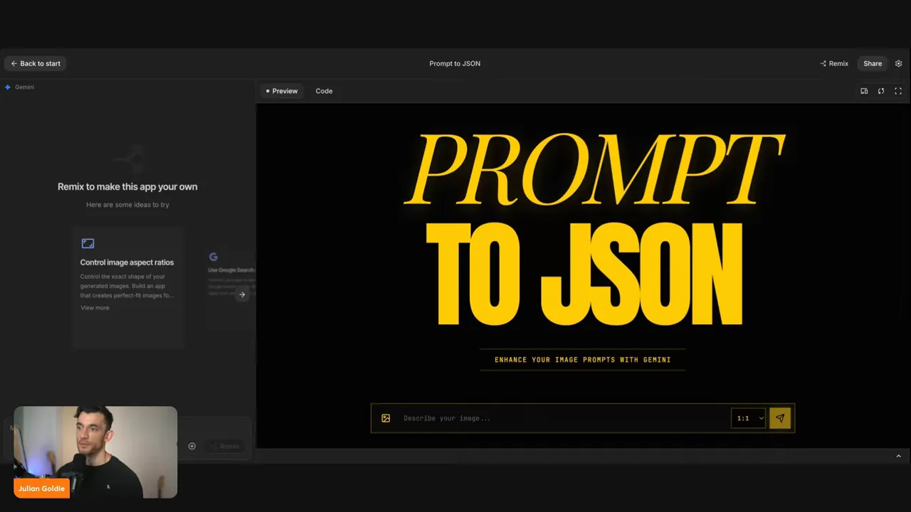 สกรีนช็อต Google AI Studio Prompt to JSON แสดงช่อง Describe your image และตัวเลือกอัตราส่วนภาพ