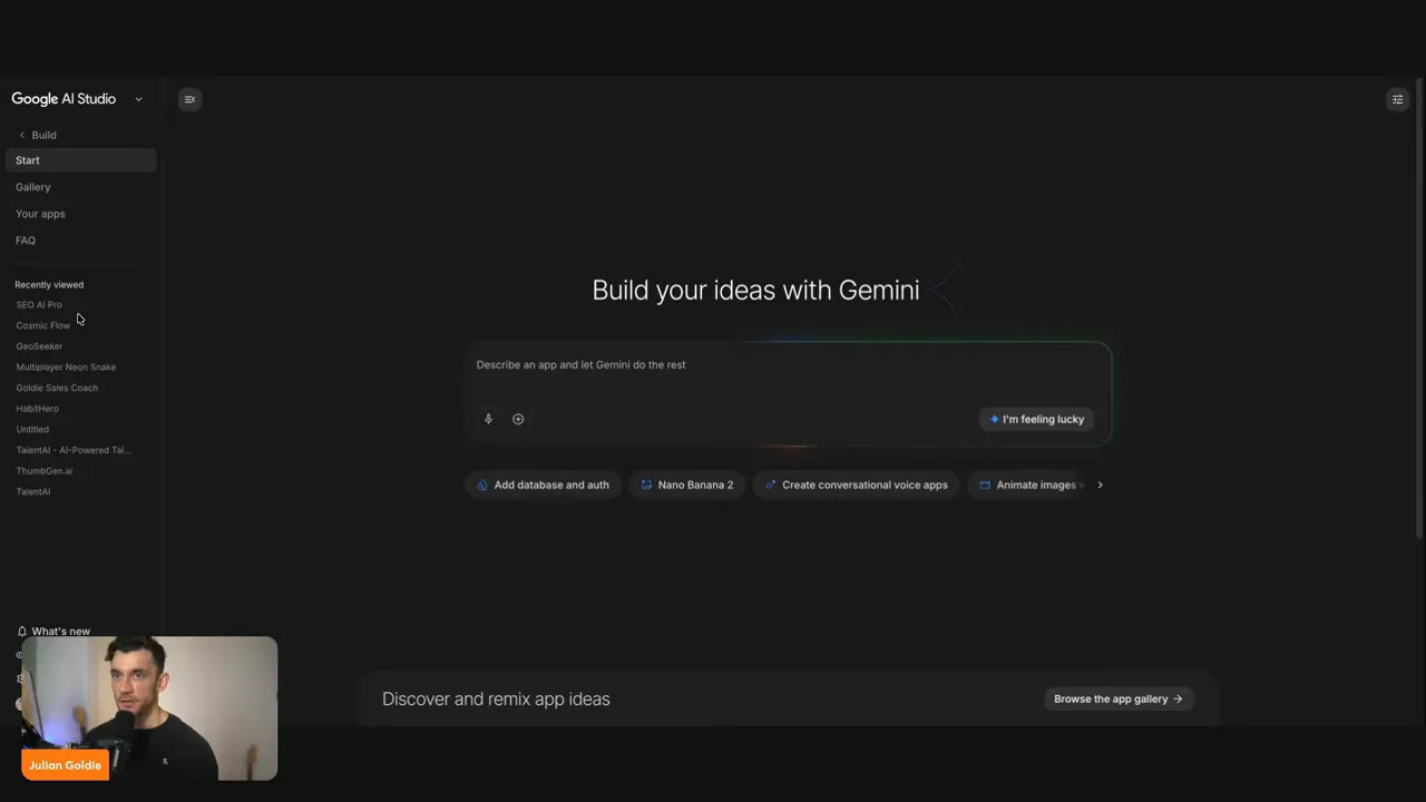 หน้าเริ่มต้น Google AI Studio “Build your ideas with Gemini” พร้อมตัวเลือกเพิ่ม database และ auth
