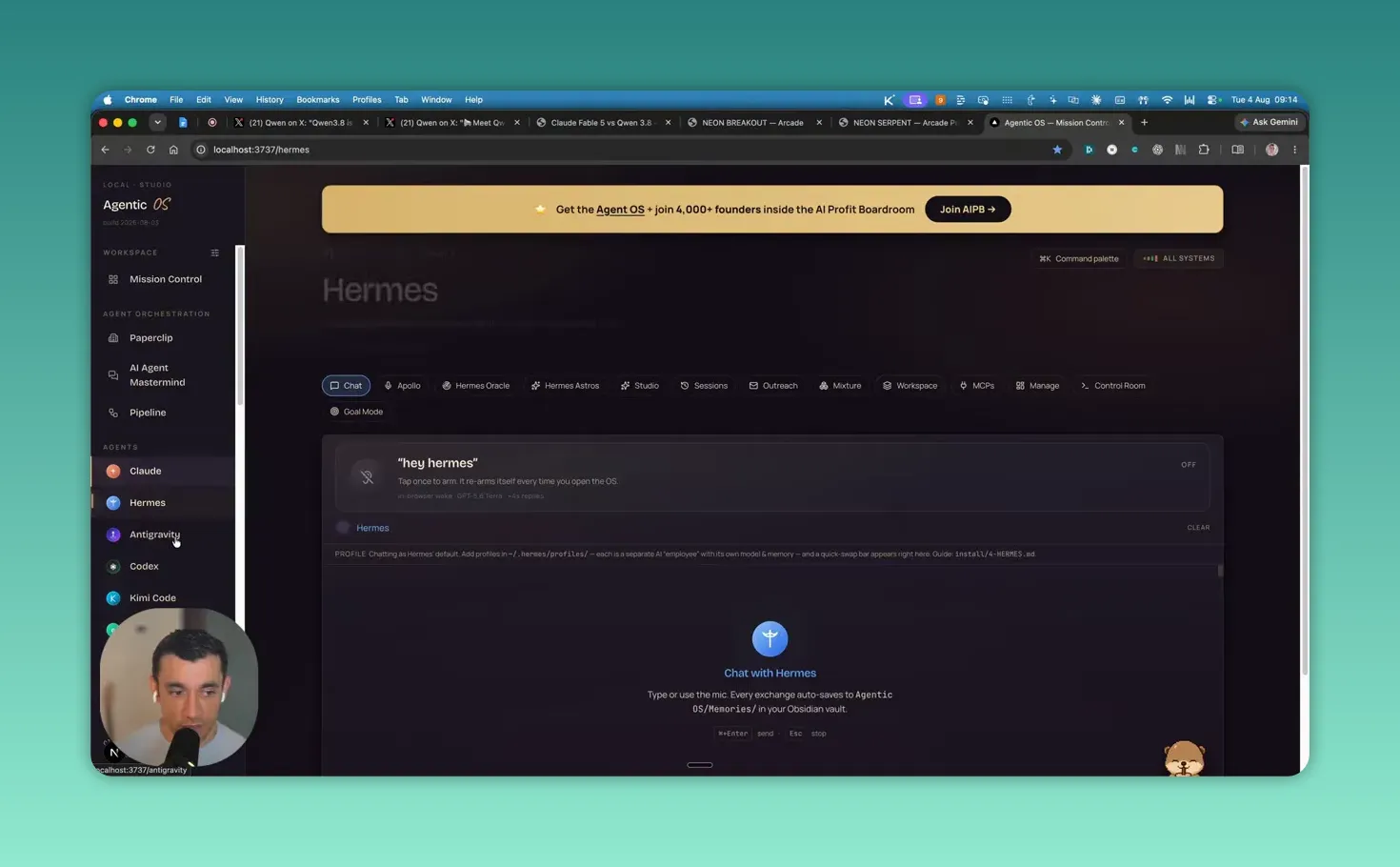หน้าแชต Hermes ภายใน Agentic OS พร้อมแท็บเครื่องมือในคลิปต้นทาง
