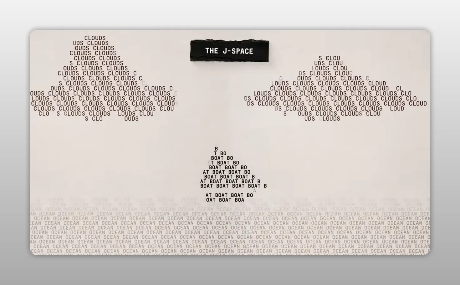 แผนภาพข้อความคำว่า THE J-SPACE อยู่ตรงกลางระหว่างกลุ่มตัวอักษรหลายก้อน