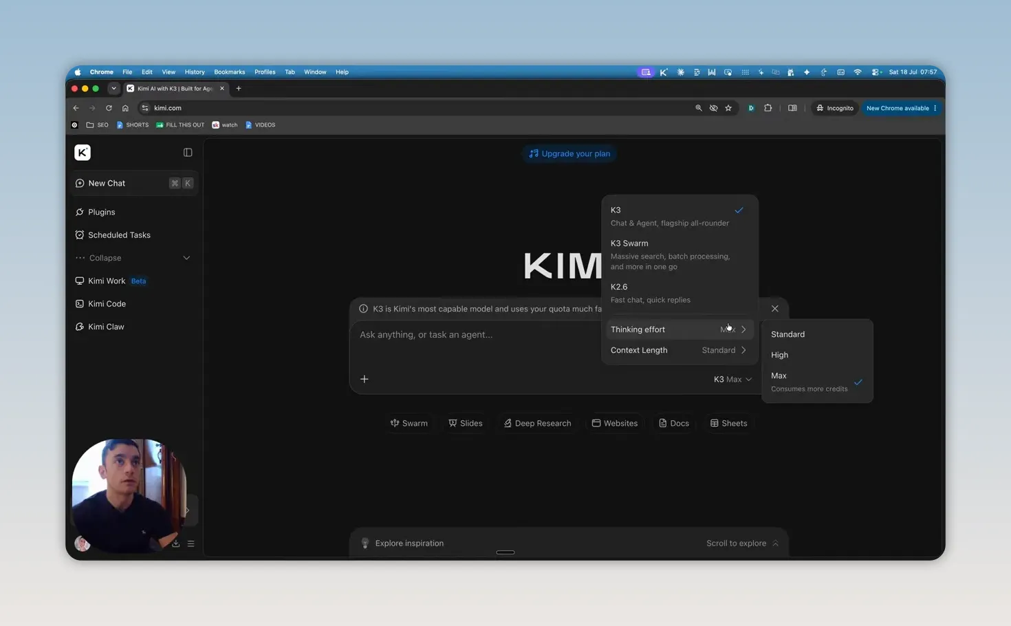 เมนูตั้งค่า Kimi ที่แสดงตัวเลือก context และระดับ thinking effort