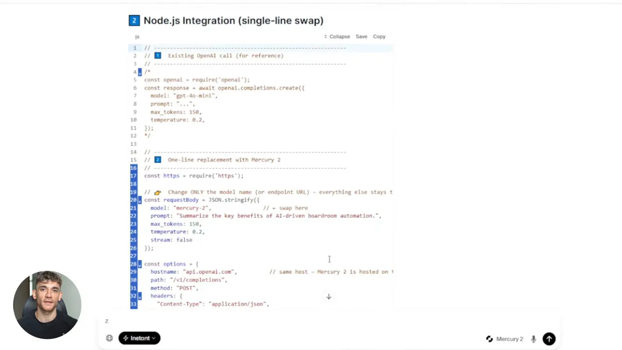 Node.js integration code snippet showing one-line replacement with model 'mercury-2' (OpenAI-compatible example)