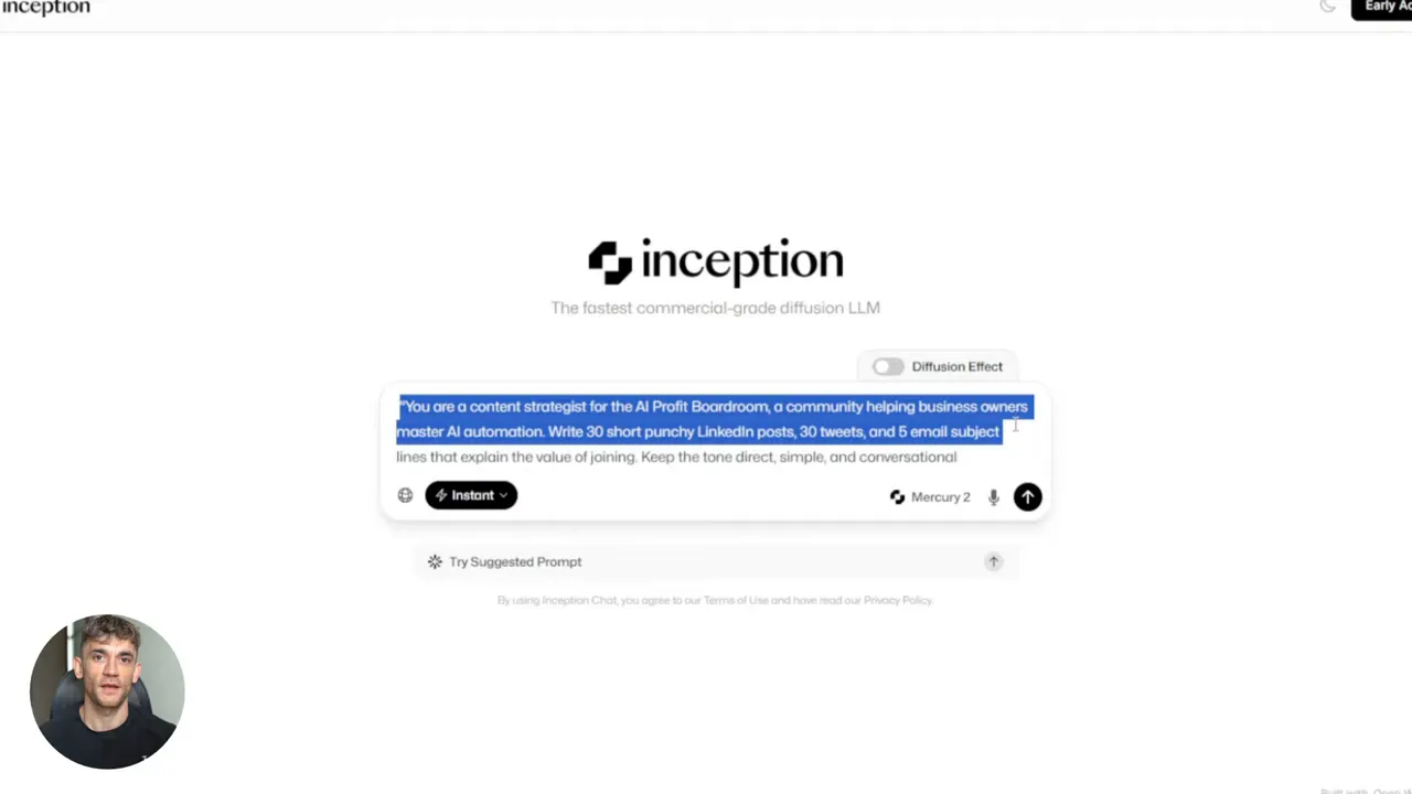 Inception chat UI with highlighted prompt asking to write 30 LinkedIn posts, 30 tweets and 5 email subject lines