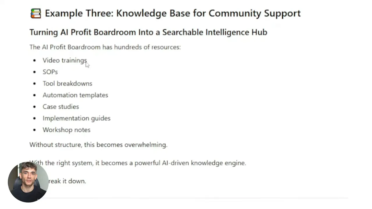 สไลด์แสดงรายการทรัพยากรของ AI Profit Boardroom เช่น Video trainings, SOPs, Tool breakdowns พร้อมแถบเมาส์ชี้