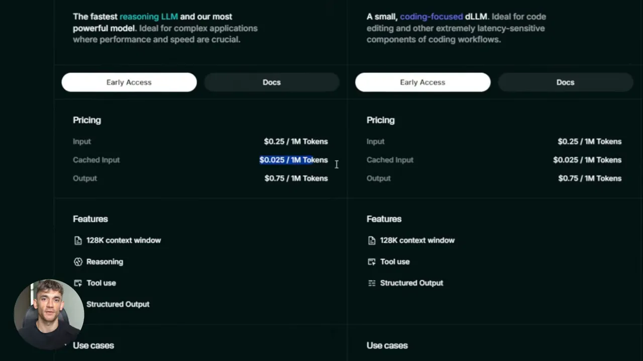 ตารางราคาของ Mercury 2 บนหน้า Inception แสดงราคา Input $0.25 / 1M Tokens, Cached $0.025 / 1M Tokens, Output $0.75 / 1M Tokens พร้อมรายการฟีเจอร์