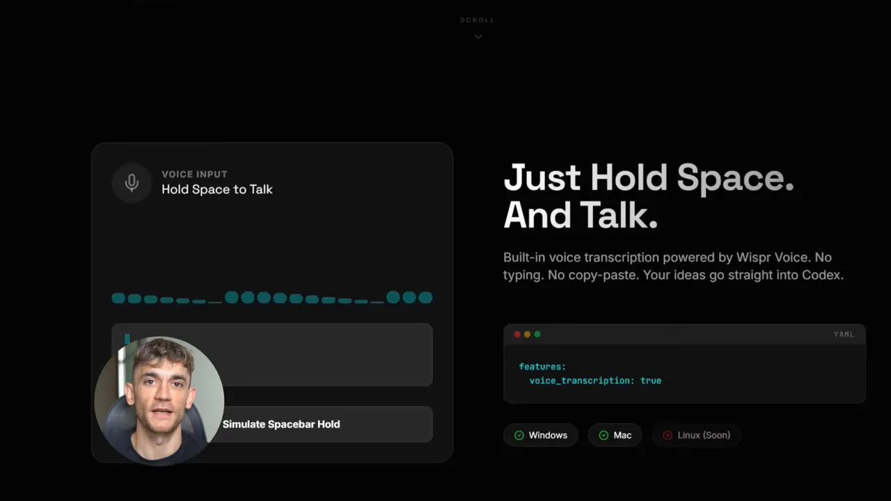 Codex voice dictation UI showing 'Just Hold Space. And Talk.' with voice_transcription config and platform icons