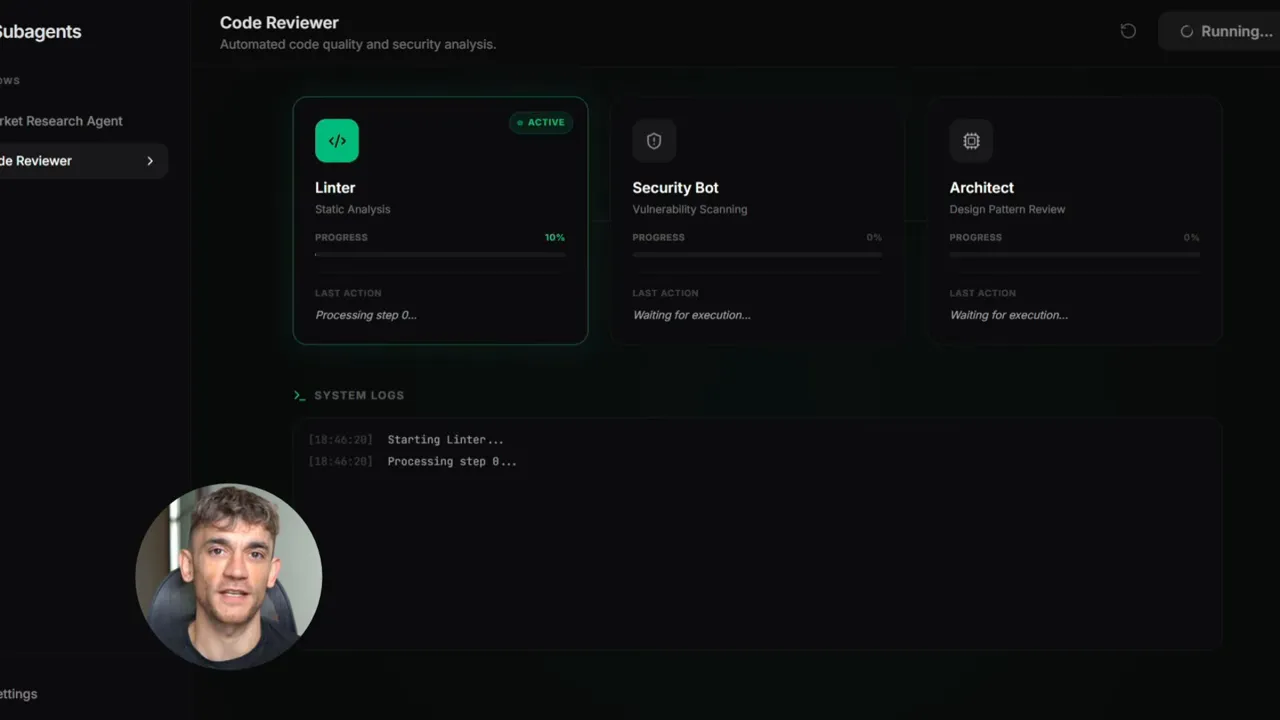 UI ของ Codex แสดงการ์ด Sub-agents (Linter, Security Bot, Architect) และบันทึกระบบ