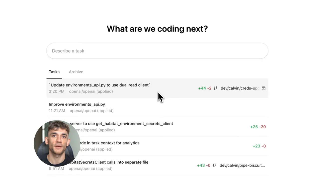 หน้าจอ UI แสดงรายการงาน (tasks) และ archive ของ Codex เพื่อดูสถานะและประวัติการทำงาน