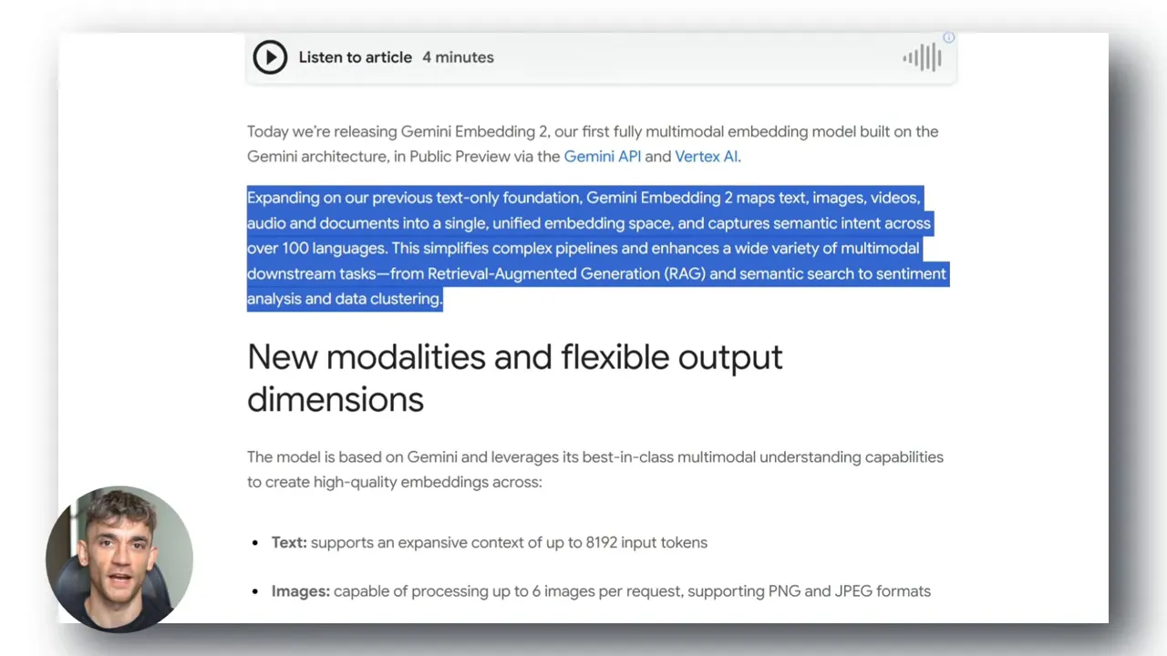 Screenshot of Gemini Embedding 2 announcement highlighting unified embedding space for text, images, video, audio and documents
