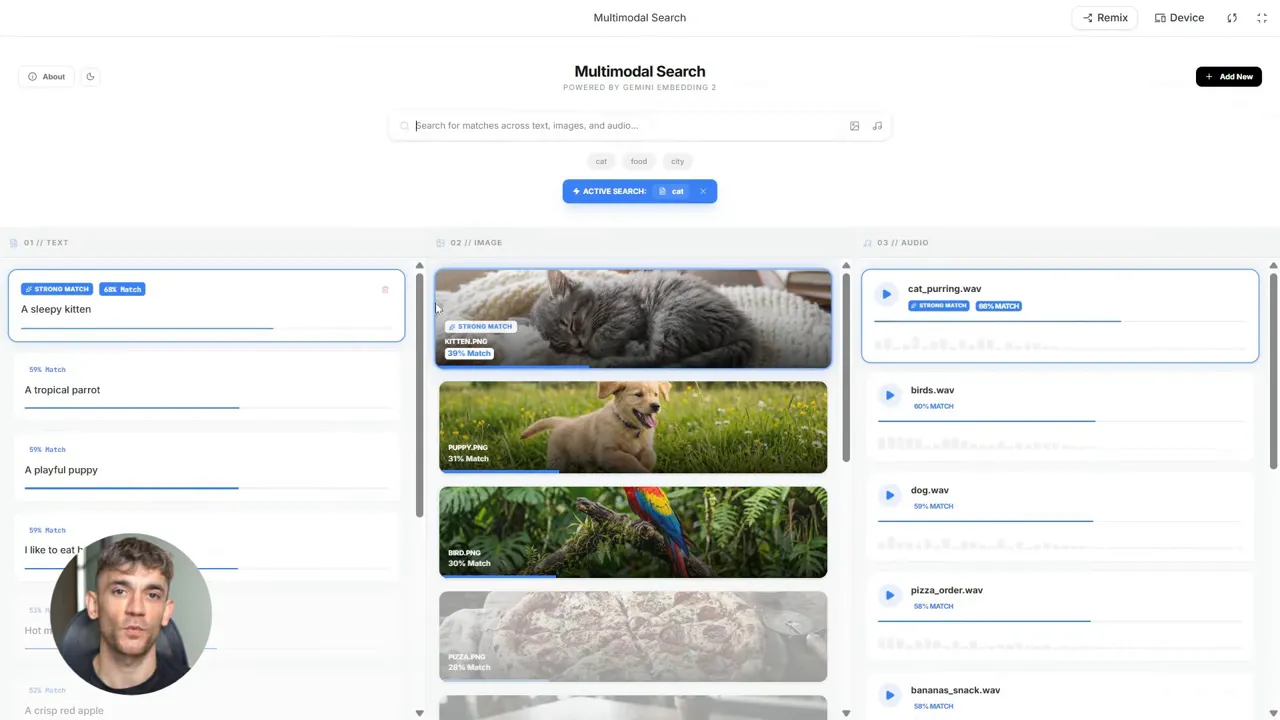 อินเทอร์เฟซ Multimodal Search ที่โชว์บาร์คะแนนการแมตช์ รูปภาพที่ไฮไลต์ และป้ายแสดงความแมตช์ข้ามสื่อ