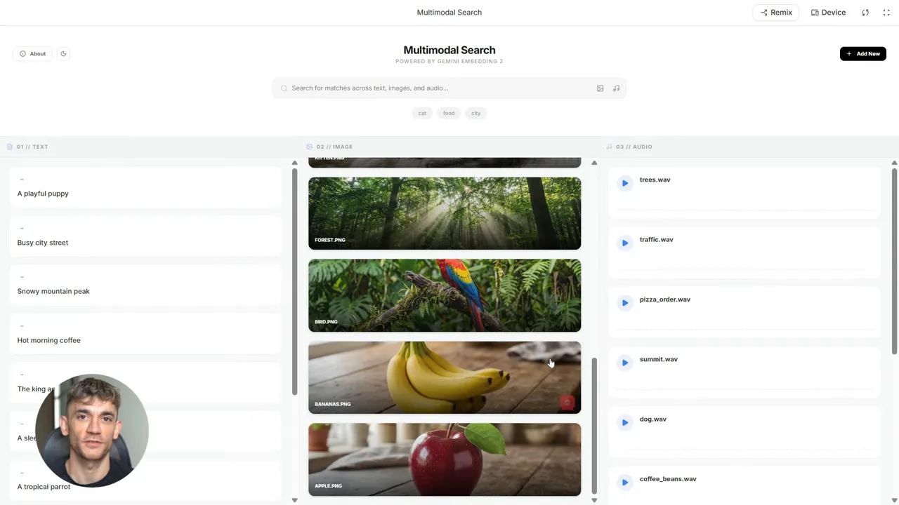หน้าจอ Multimodal Search แสดงคอลัมน์ข้อความ รูปภาพ และไฟล์เสียงอย่างชัดเจน