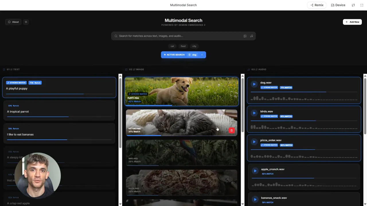 ผลลัพธ์ Multimodal Search ที่ไฮไลต์รูป puppy.png พร้อมข้อความที่เกี่ยวข้องและไฟล์เสียง dog.wav แสดงเปอร์เซ็นต์แมตช์