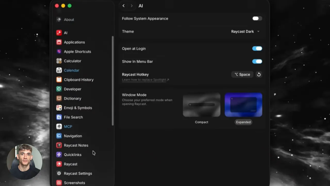 Clear Raycast AI settings panel with app list and window mode options