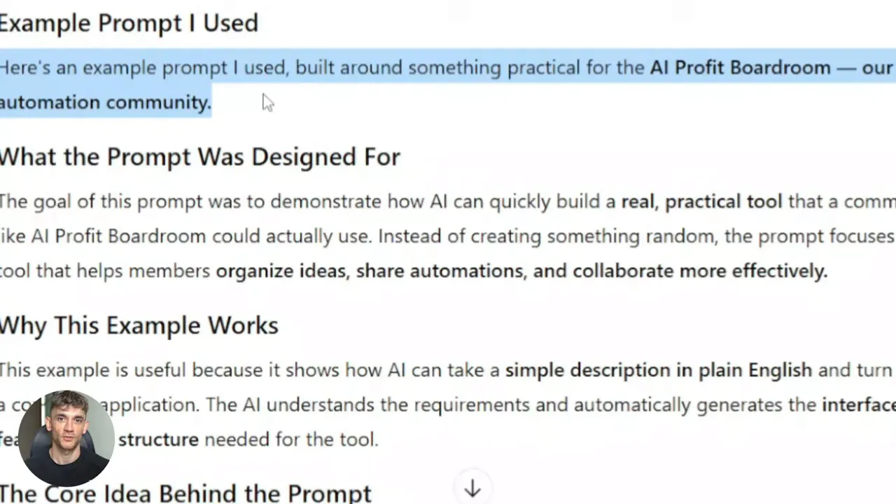 สกรีนช็อตหน้าจอแสดงหัวข้อ 'Example Prompt I Used' และย่อหน้าอธิบายว่าพรอมป์ออกแบบมาอย่างไร เหมาะสำหรับอ้างอิง