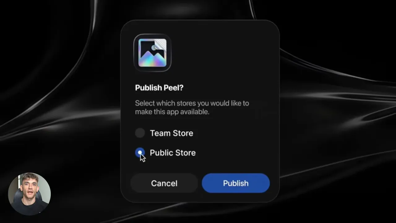 Publish dialog showing 'Publish Peel?' with Public Store selected and Publish button