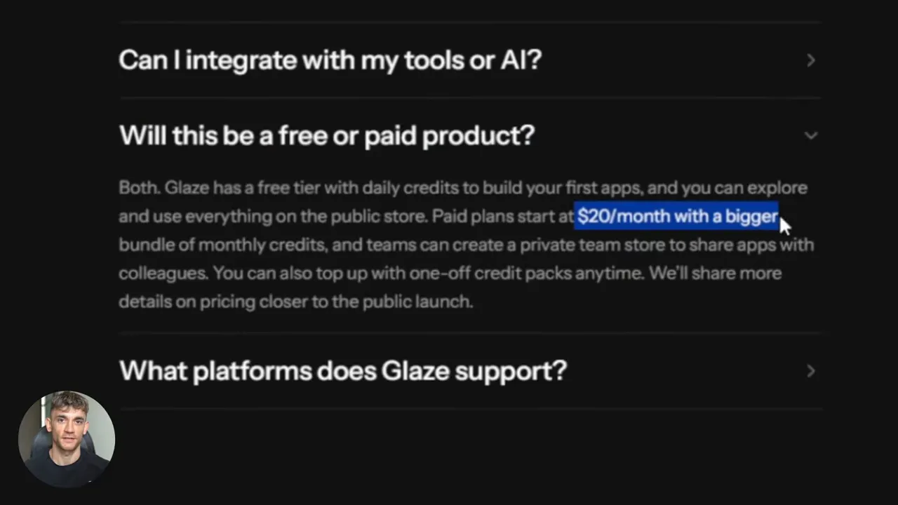 FAQ entry 'Will this be a free or paid product?' with '$20/month' highlighted and readable