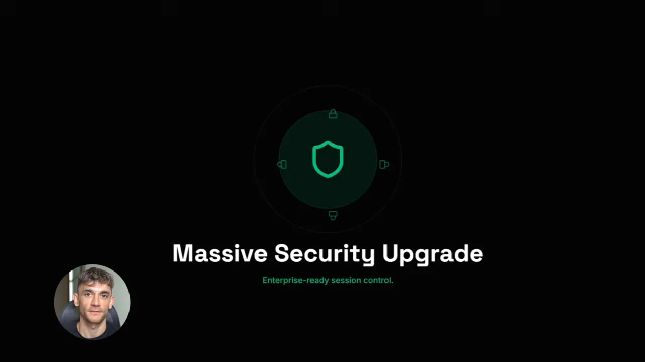 Massive Security Upgrade slide with shield icon and subtitle about enterprise-ready session control