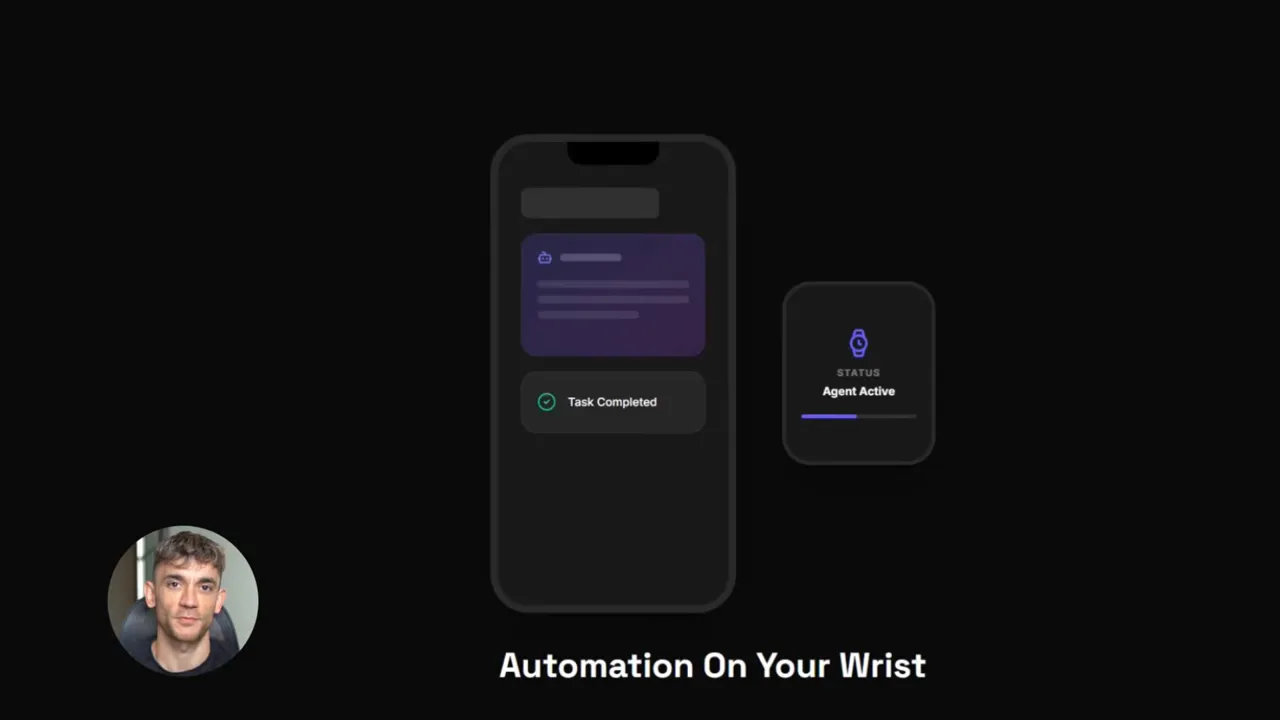 Mobile app and smartwatch UI showing 'Agent Active' status and the phrase 'Automation On Your Wrist'