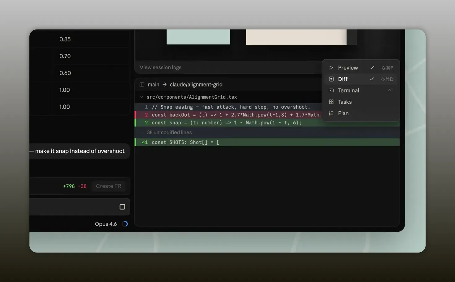 หน้าจอ diff ของไฟล์ AlignmentGrid.tsx แสดงบรรทัดโค้ดสีแดงและสีเขียว พร้อมเมนู Preview, Diff, Terminal, Tasks และ Plan