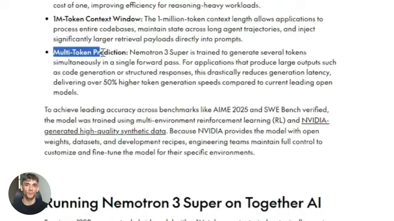 สไลด์ Nemotron 3 Super อธิบาย 1M context window และ Multi-token prediction (screenshot)