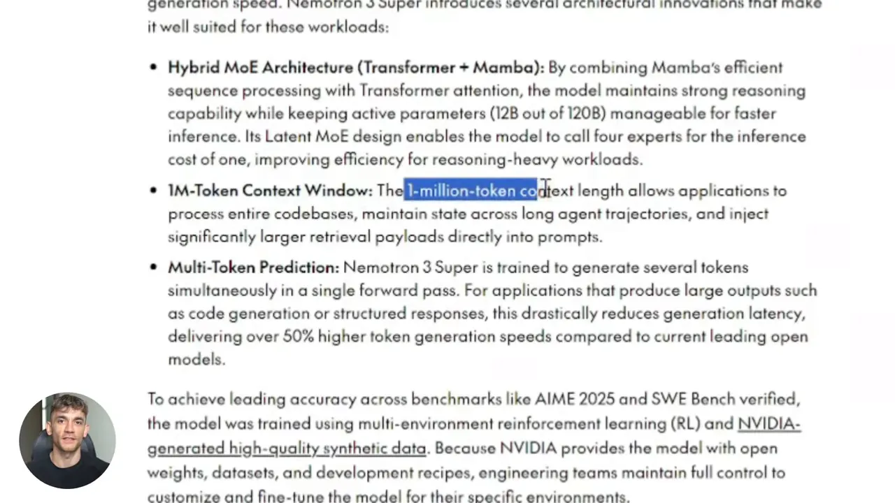 สรุปสเปก Nemotron 3 Super: 1M token context window และ multi-token prediction (screenshot)