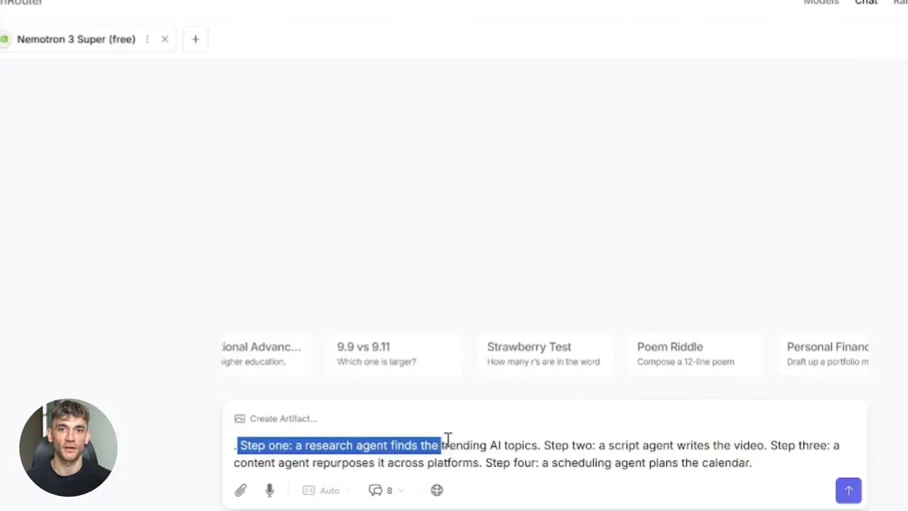 หน้าจอ Nemotron 3 Super แสดง multi-agent chain ตั้งแต่ research ถึง scheduling