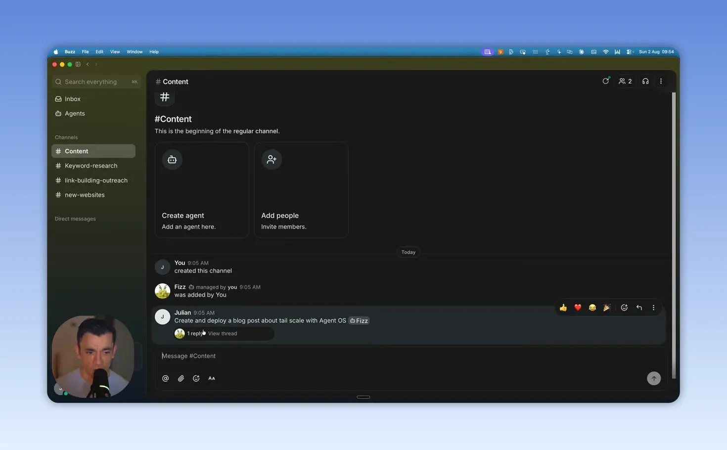 หน้าจอ Buzz ใน channel Content แสดงคำสั่งให้ agent สร้างและ deploy บทความ