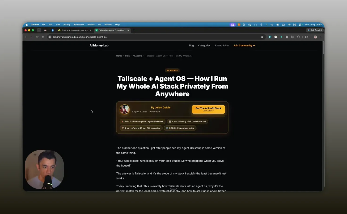 บทความบนเว็บไซต์พื้นหลังสีเข้มพร้อมหัวข้อ Tailscale และ Agent OS
