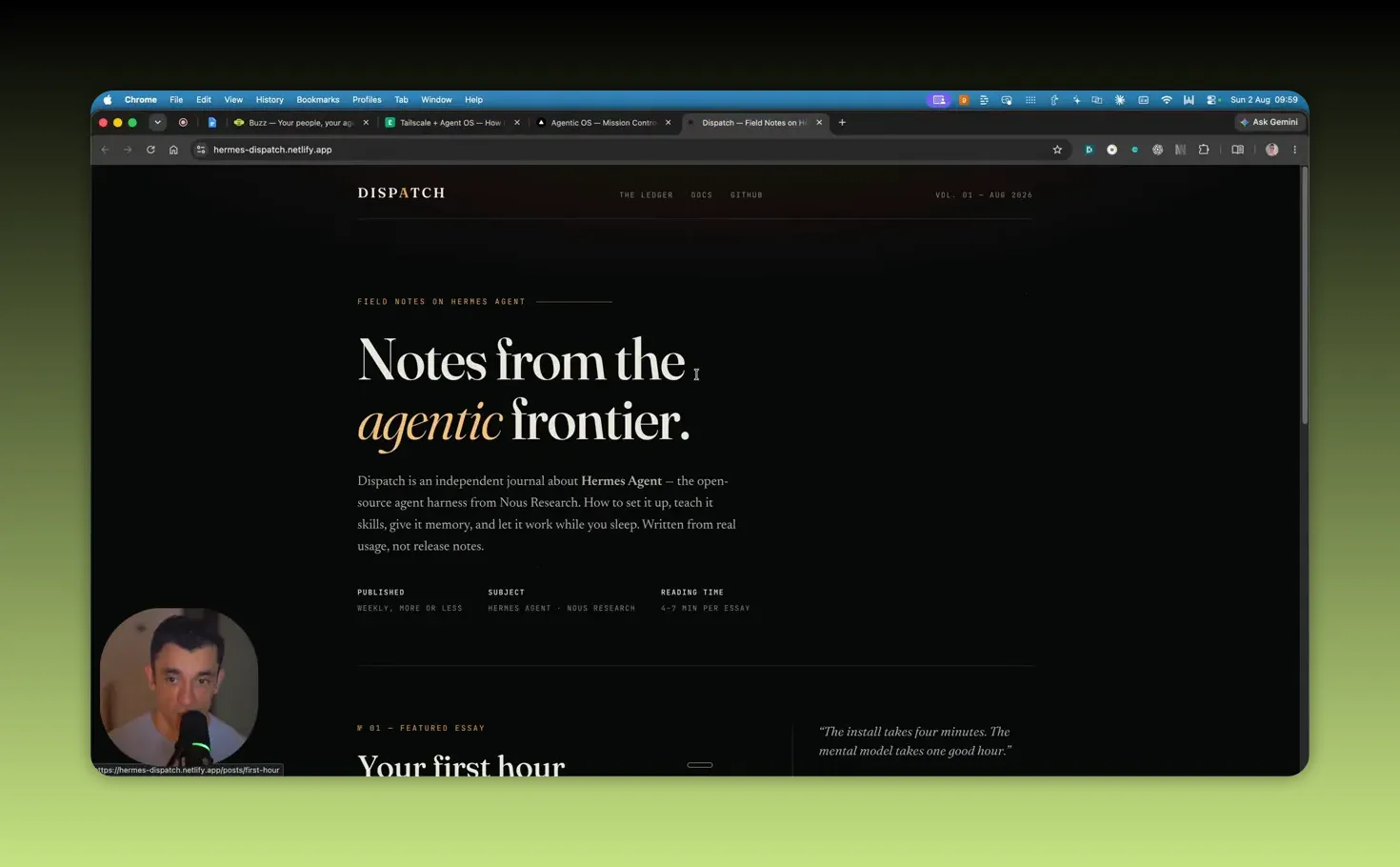 เว็บไซต์พื้นหลังสีดำมีหัวข้อ Notes from the agentic frontier