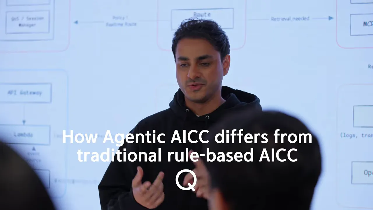 ผู้บรรยายยืนหน้าผังระบบ พร้อมข้อความ How Agentic AICC differs from traditional rule-based AICC