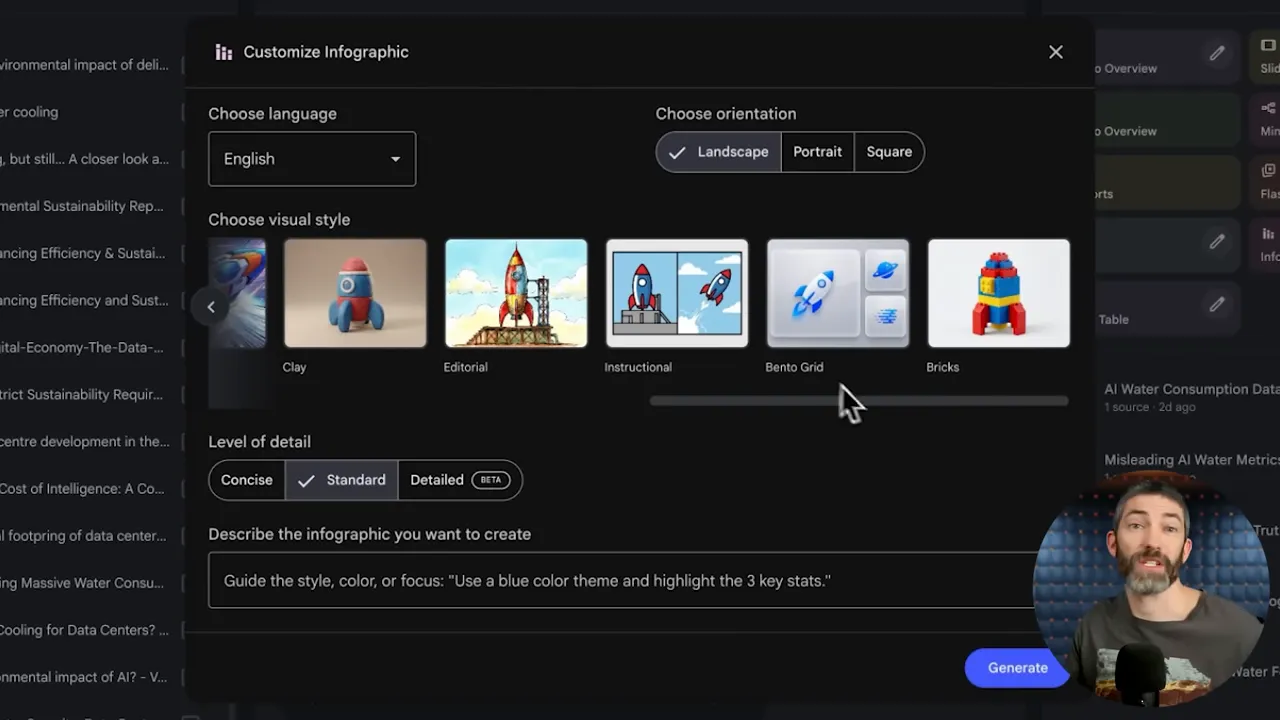NotebookLM 'Customize Infographic' dialog showing visual style presets including Clay, Editorial, Instructional, Bento Grid and Bricks