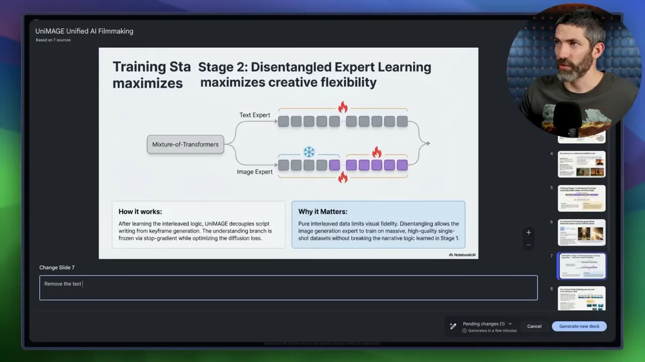 NotebookLM slide editor showing user text 'Remove the text' in the change box and a visible 'Generate new deck' button