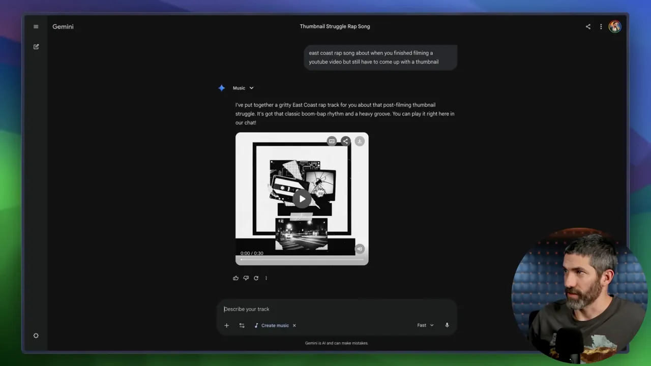 Gemini interface showing a generated 30-second music track with play controls and a description that reads 'I've put together a gritty East Coast rap track...'