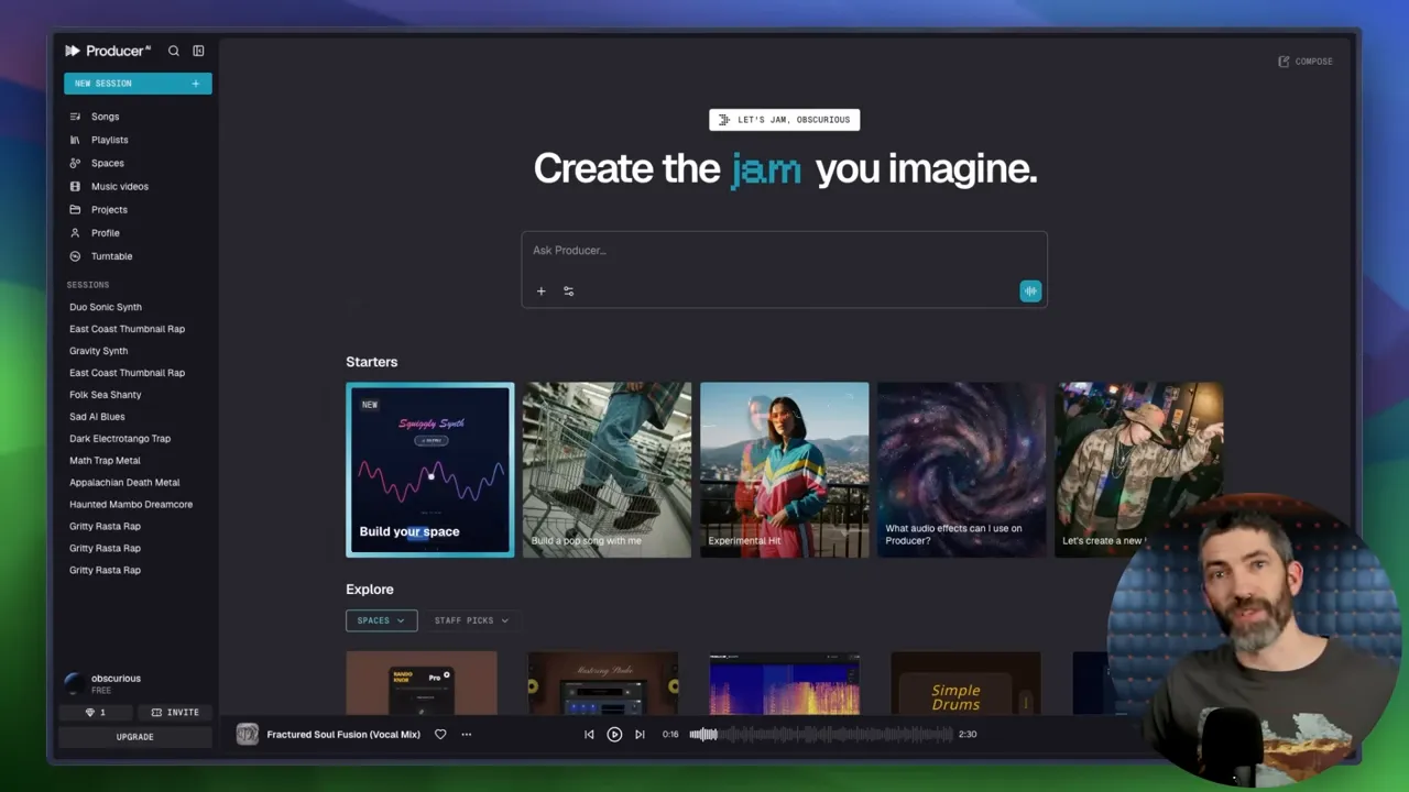 อินเทอร์เฟซแอป Producer แสดงข้อความ 'Create the jam you imagine.' พร้อมช่องใส่คำสั่งและตัวอย่างเทมเพลตเพลง