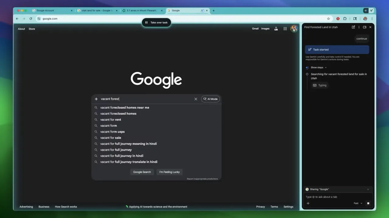 หน้าต่าง Chrome แสดง Google search ที่กำลังพิมพ์คำค้น และ Gemini sidebar ทางขวาแสดง 'Task started' และขั้นตอนการค้นหา